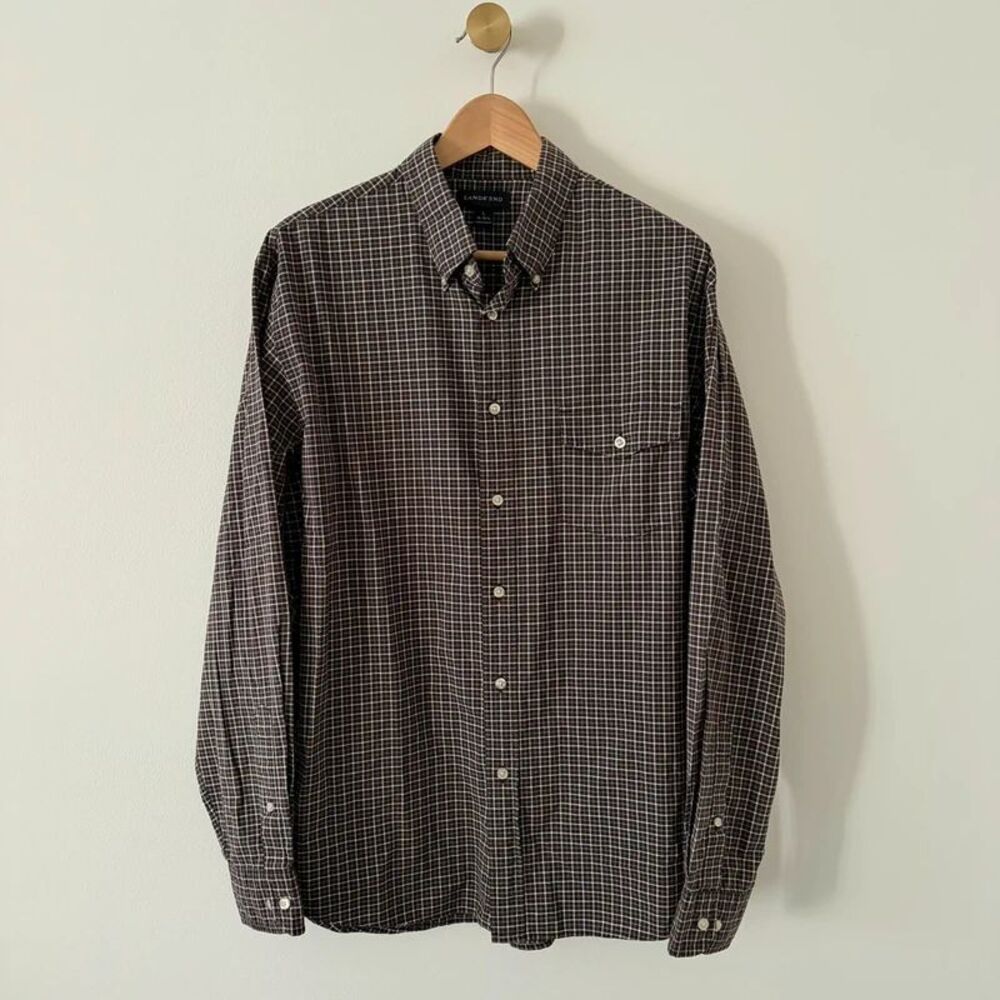 Lands’ End Size Large Button Up Long Sleeve Shirt Brown Plaid Fall Cotton